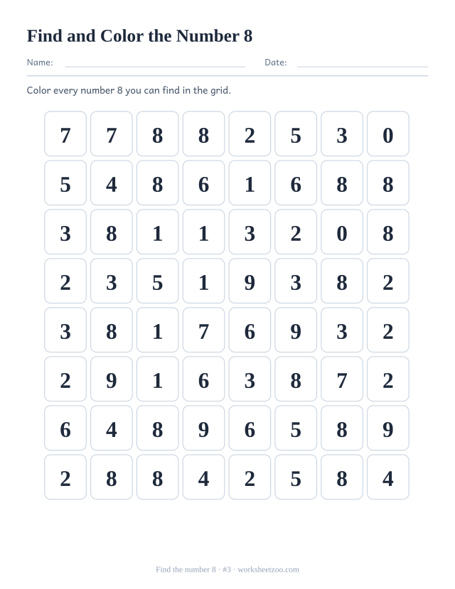 Kindergarten number recognition worksheet: color every number 8 you can find in the grid, sheet 3