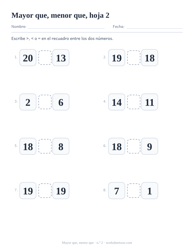 Ficha para preescolar: escribe el signo mayor que, menor que o igual entre dos números hasta el 20, hoja 2