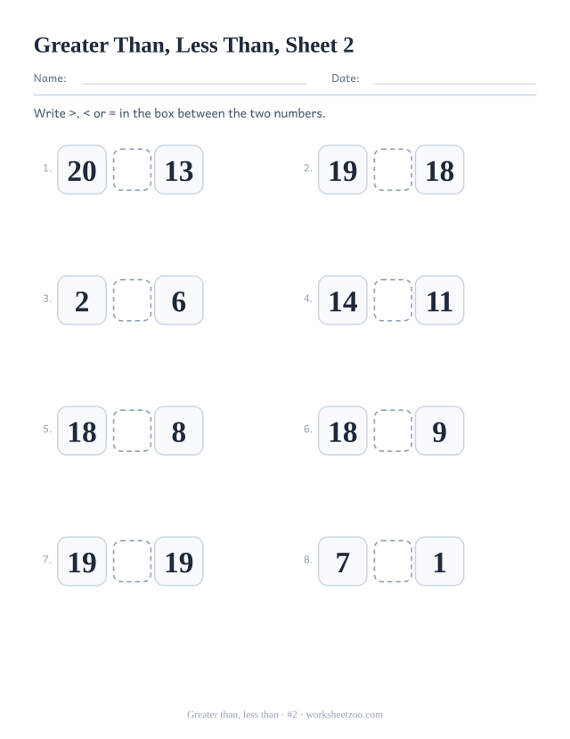 Kindergarten worksheet, write greater than, less than or equal signs between two numbers to 20, sheet 2