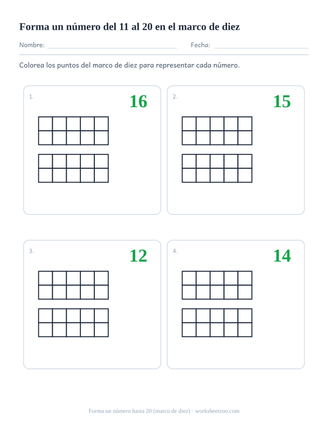 Ficha de marcos de diez dobles para preescolar: colorea los marcos para formar cada número del 11 al 20