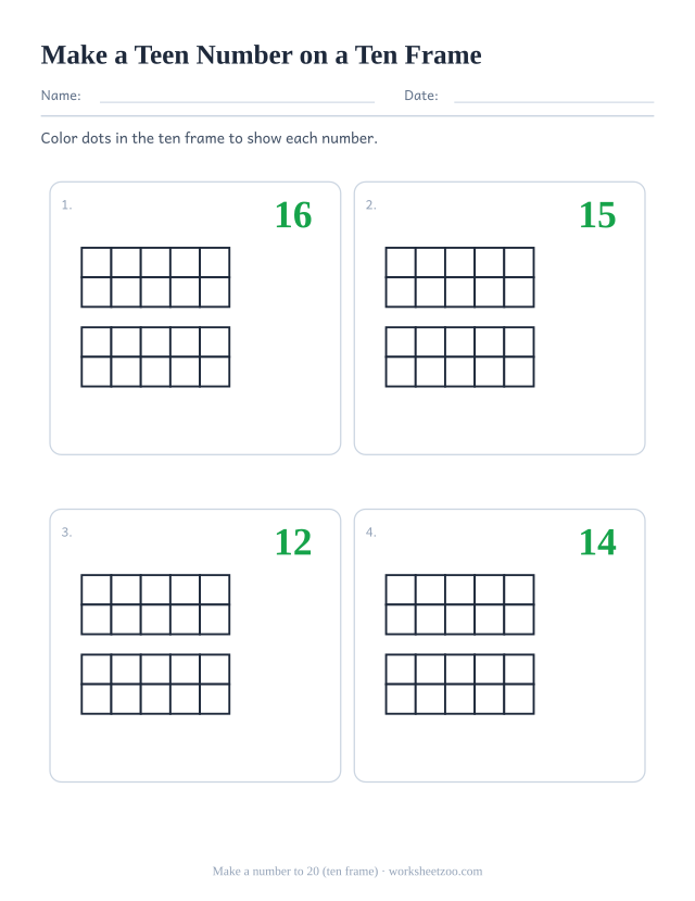 Kindergarten double ten frame worksheet: color the frames to make each teen number from 11 to 20