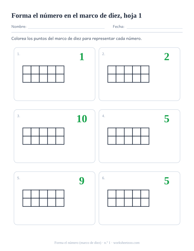 Ficha de marcos de diez para preescolar: colorea el marco vacío para formar cada número del 1 al 10, hoja 1