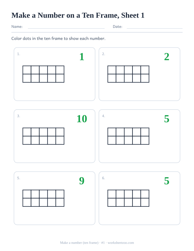 Kindergarten ten frame worksheet: color the empty ten frame to make each number 1 to 10, sheet 1