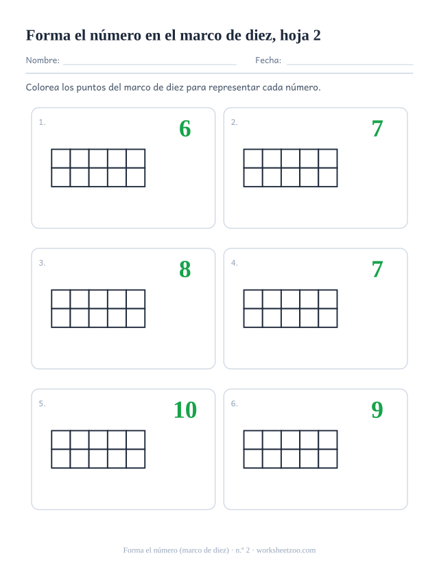 Ficha de marcos de diez para preescolar: colorea el marco vacío para formar cada número del 6 al 10, hoja 2