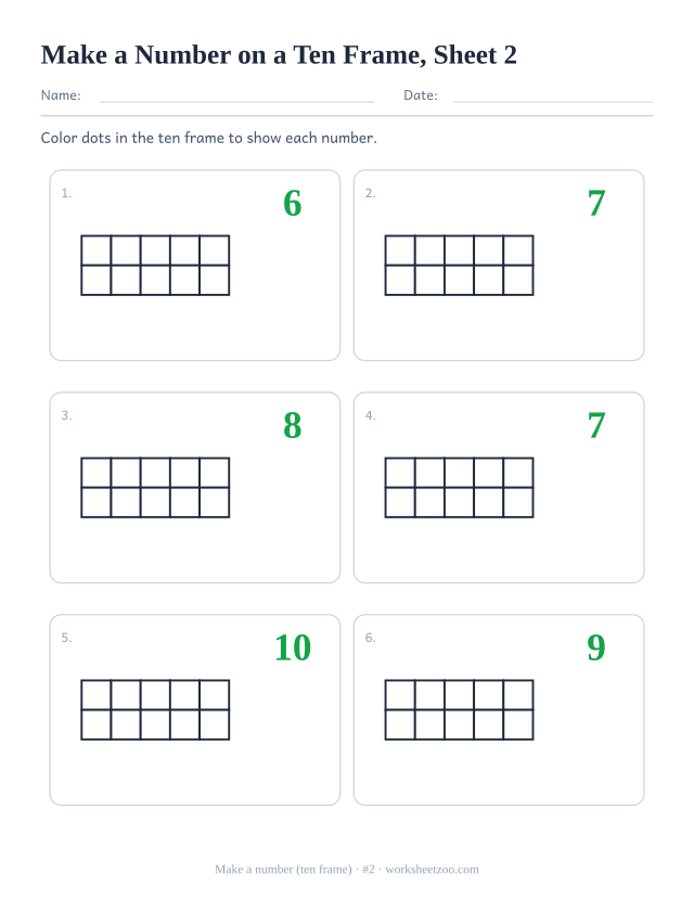 Kindergarten ten frame worksheet: color the empty ten frame to make each number 6 to 10, sheet 2