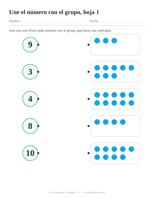 Ficha de matemáticas para preescolar: une con una línea cada número, del 1 al 10, con el grupo que tiene esa cantidad de puntos, hoja 1