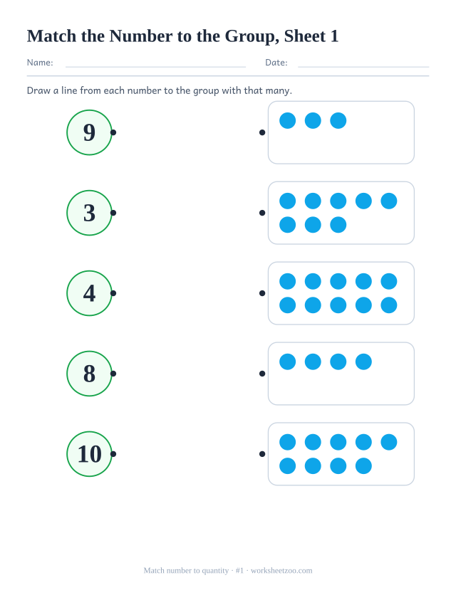 Kindergarten math worksheet: draw a line to match each number, 1 to 10, to the group with that many dots, sheet 1