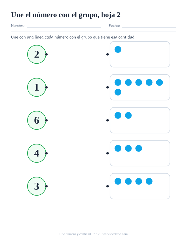 Ficha de matemáticas para preescolar: une con una línea cada número, del 1 al 6, con el grupo que tiene esa cantidad de puntos, hoja 2
