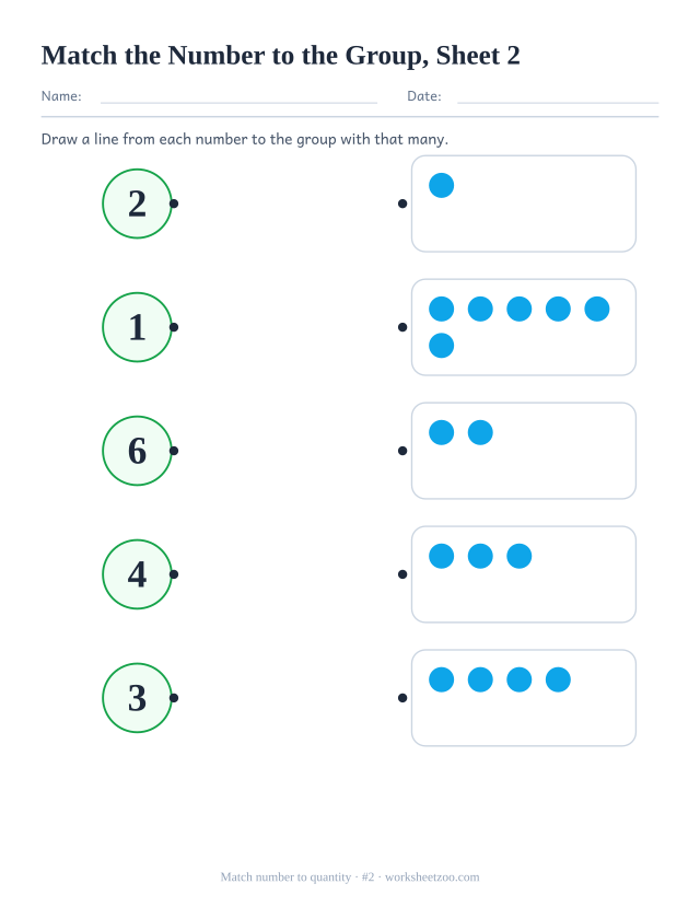 Kindergarten math worksheet: draw a line to match each number, 1 to 6, to the group with that many dots, sheet 2