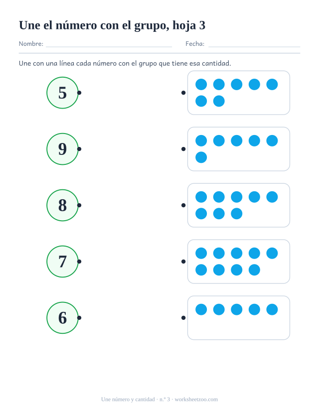 Ficha de matemáticas para preescolar: une con una línea cada número, del 5 al 10, con el grupo que tiene esa cantidad de puntos, hoja 3
