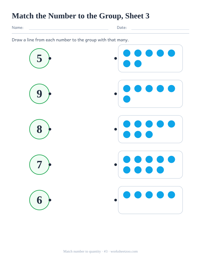 Kindergarten math worksheet: draw a line to match each number, 5 to 10, to the group with that many dots, sheet 3