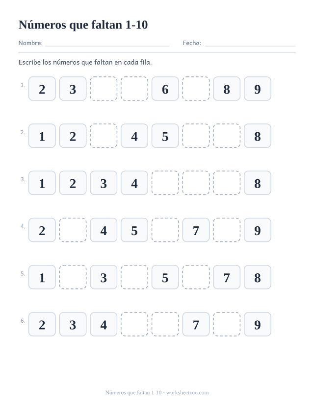 Ficha de orden de números para preescolar: escribe los números que faltan en cada serie dentro del 1-10