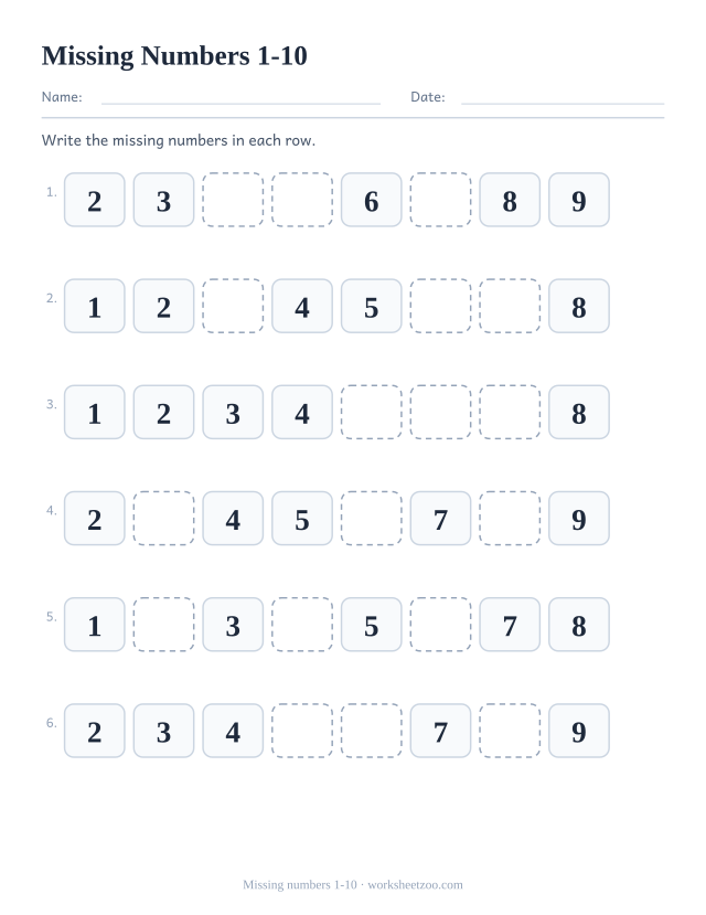 Kindergarten number order worksheet, fill in the missing numbers in each sequence within 1-10
