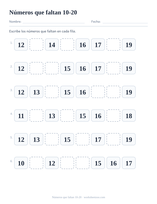 Ficha de orden de números para preescolar: escribe los números que faltan en cada serie dentro del 10-20