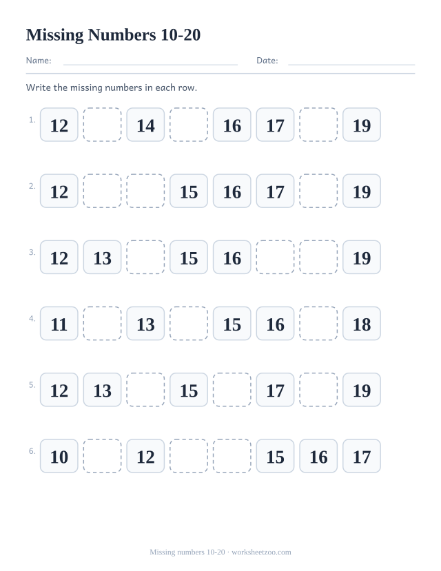Kindergarten number order worksheet, fill in the missing numbers in each sequence within 10-20