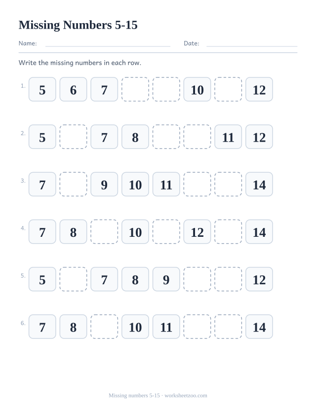 Kindergarten number order worksheet, fill in the missing numbers in each sequence within 5-15