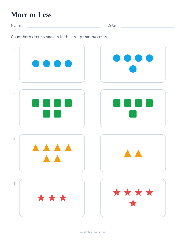 Kindergarten more or less worksheet, four pairs of shape groups, count and circle the group that has more