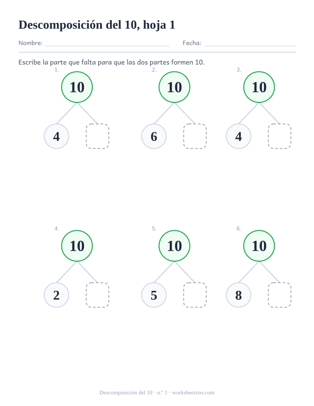 Ficha de descomposición del número 10 para preescolar, diagramas de parte-parte-todo que forman 10 donde falta la segunda parte de cada descomposición (10 = a + _), hoja 1