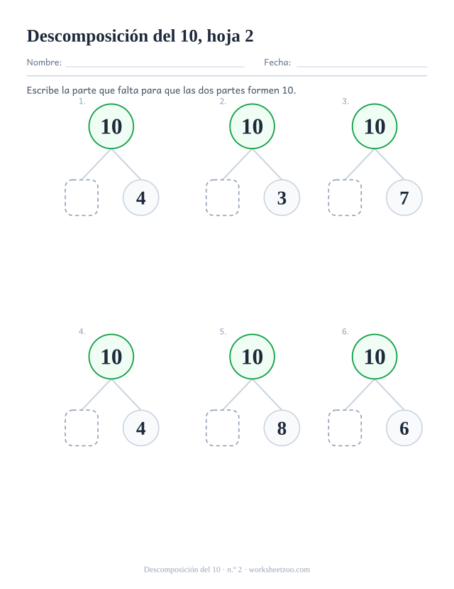 Ficha de descomposición del número 10 para preescolar, diagramas de parte-parte-todo que forman 10 donde falta la primera parte de cada descomposición (10 = _ + b), hoja 2