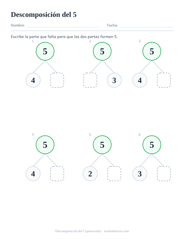 Ficha de descomposición del número 5 para preescolar, diagramas de parte-parte-todo que forman 5: escribe la parte que falta