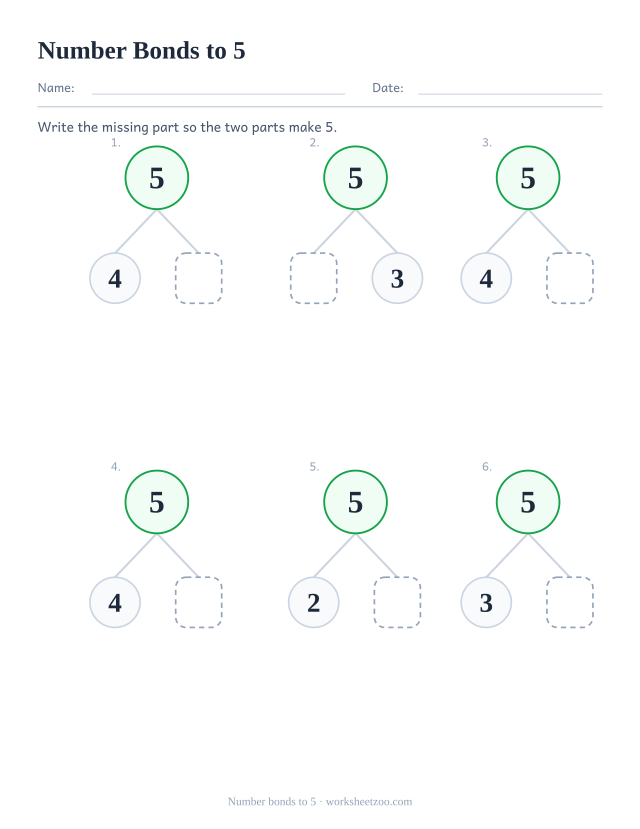 Kindergarten number bonds worksheet, part-part-whole diagrams that make 5, write the missing part