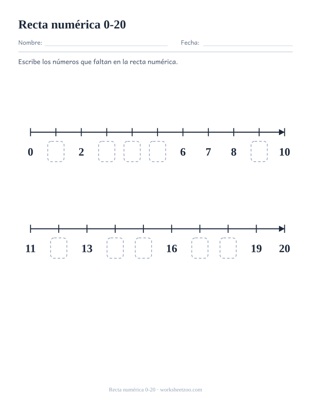 Ficha de la recta numérica para preescolar: escribe los números que faltan en la recta del 0-20
