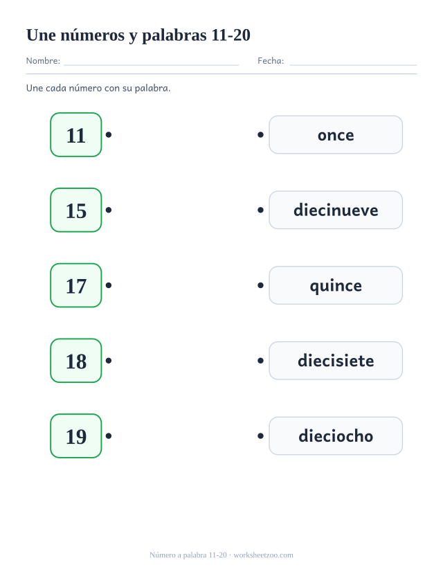 Ficha de matemáticas para preescolar: une con una línea cada número del 11-20 con su palabra escrita