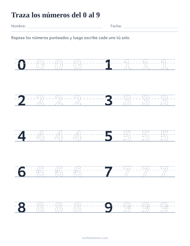 Ficha para trazar los diez números del 0 al 9 sobre pauta de escritura, con ejemplo en trazo continuo y números punteados