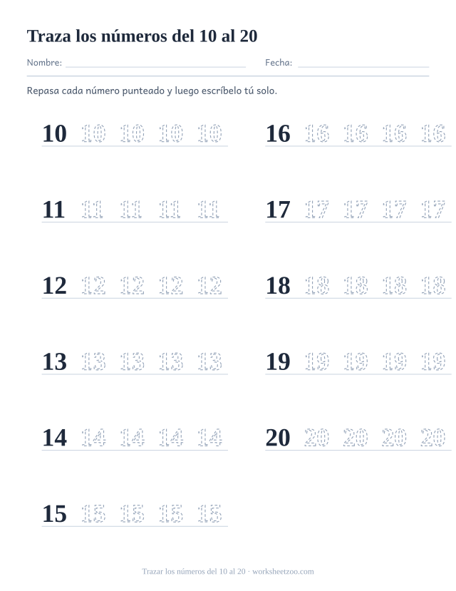 Ficha de formación de números para preescolar del 10 al 20, con ejemplo en trazo continuo y números punteados para repasar