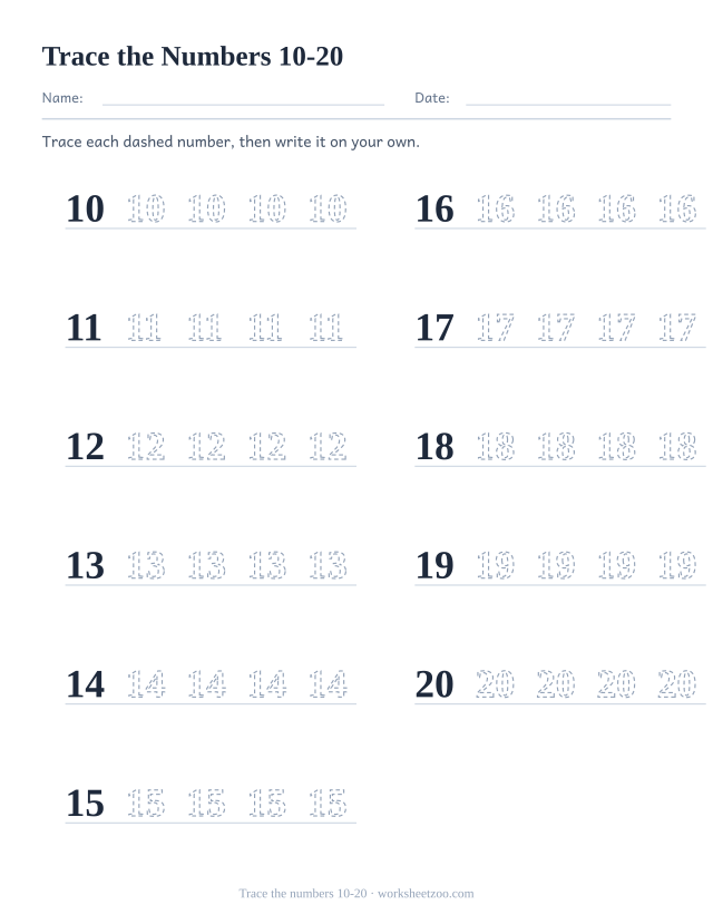 Kindergarten number formation worksheet for the teen numbers 10 to 20, solid example plus dashed numbers to trace