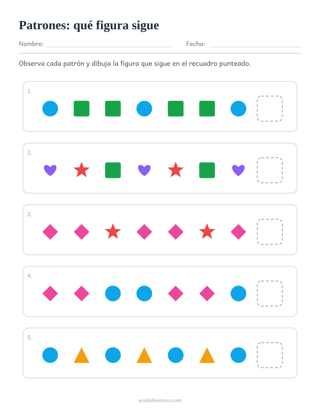 Ficha de patrones para preescolar, cinco series de figuras para continuar dibujando la que sigue en el recuadro punteado