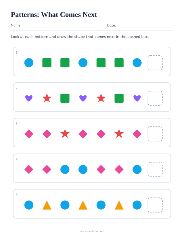 Kindergarten patterns worksheet, five shape patterns to continue by drawing the next shape in the dashed box