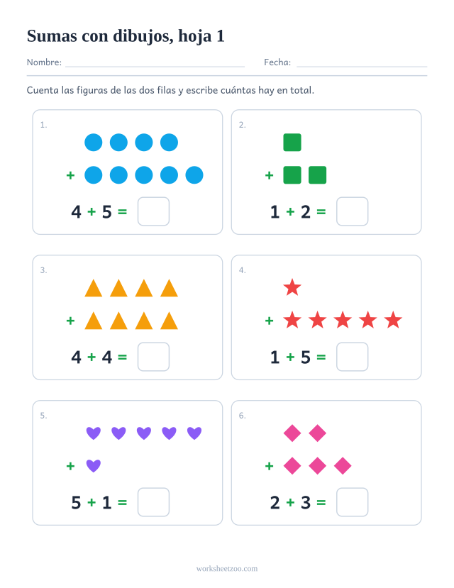 Ficha de sumas con dibujos para preescolar, seis sumas hasta 10 con filas de figuras para contar y casilla de respuesta, hoja 1