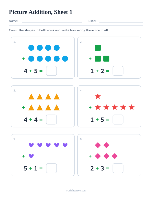 Kindergarten picture addition worksheet, six problems within 10 with rows of shapes to count and an answer box, sheet 1