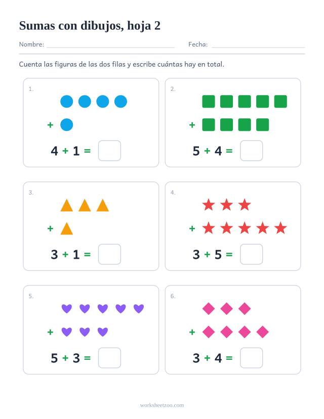 Ficha de sumas con dibujos para preescolar, seis sumas hasta 10 con filas de figuras para contar y casilla de respuesta, hoja 2