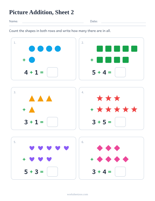 Kindergarten picture addition worksheet, six problems within 10 with rows of shapes to count and an answer box, sheet 2