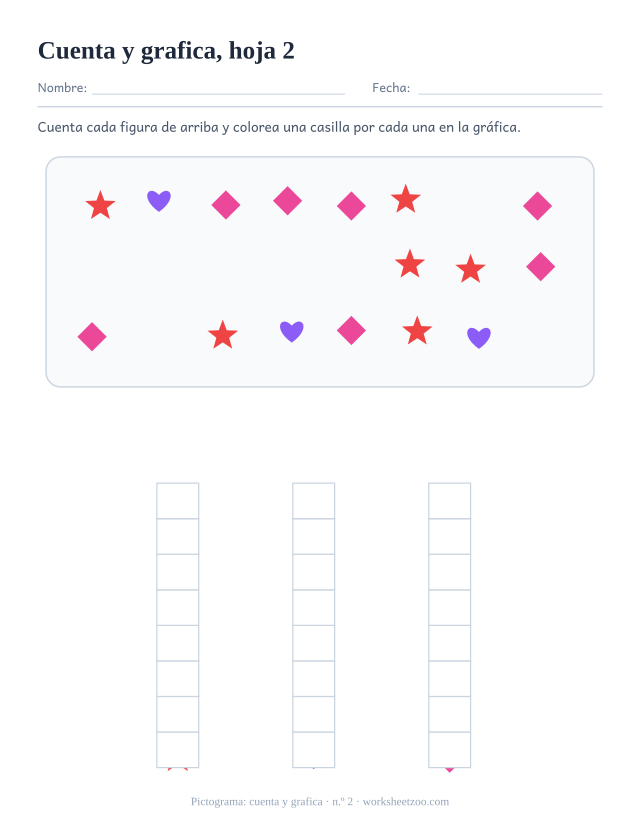 Ficha de pictograma para preescolar: cuenta los corazones, estrellas y rombos del dibujo y colorea una casilla por cada uno en la gráfica, hoja 2