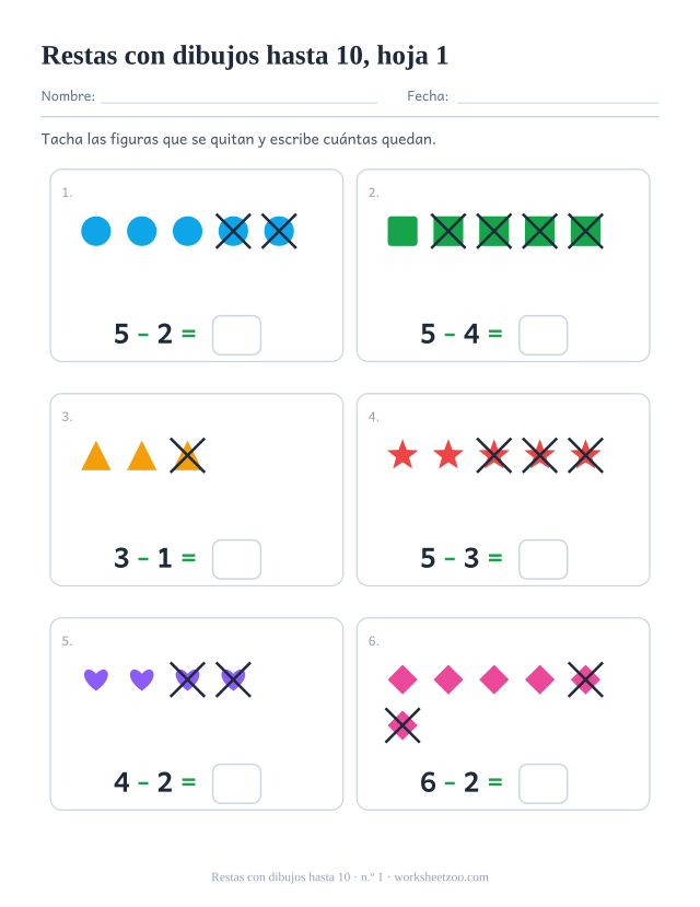 Ficha de restas con dibujos para preescolar: tacha y quita de grupos de hasta 6, cuenta cuántas quedan, hoja 1