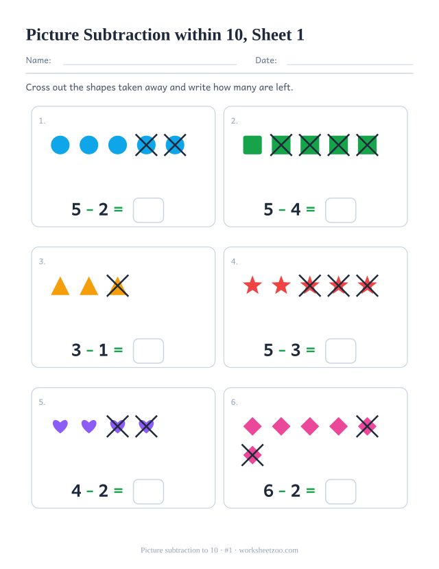 Kindergarten picture subtraction worksheet, cross out and take away from groups of up to 6, count how many are left, sheet 1