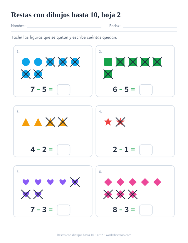Ficha de restas con dibujos para preescolar: tacha y quita de grupos de hasta 8, cuenta cuántas quedan, hoja 2