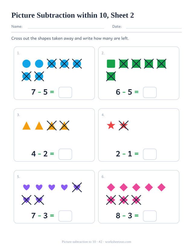 Kindergarten picture subtraction worksheet, cross out and take away from groups of up to 8, count how many are left, sheet 2
