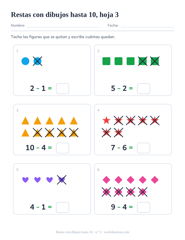 Ficha de restas con dibujos para preescolar: tacha y quita de grupos de hasta 10, cuenta cuántas quedan, hoja 3