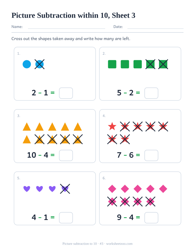 Kindergarten picture subtraction worksheet, cross out and take away from groups of up to 10, count how many are left, sheet 3