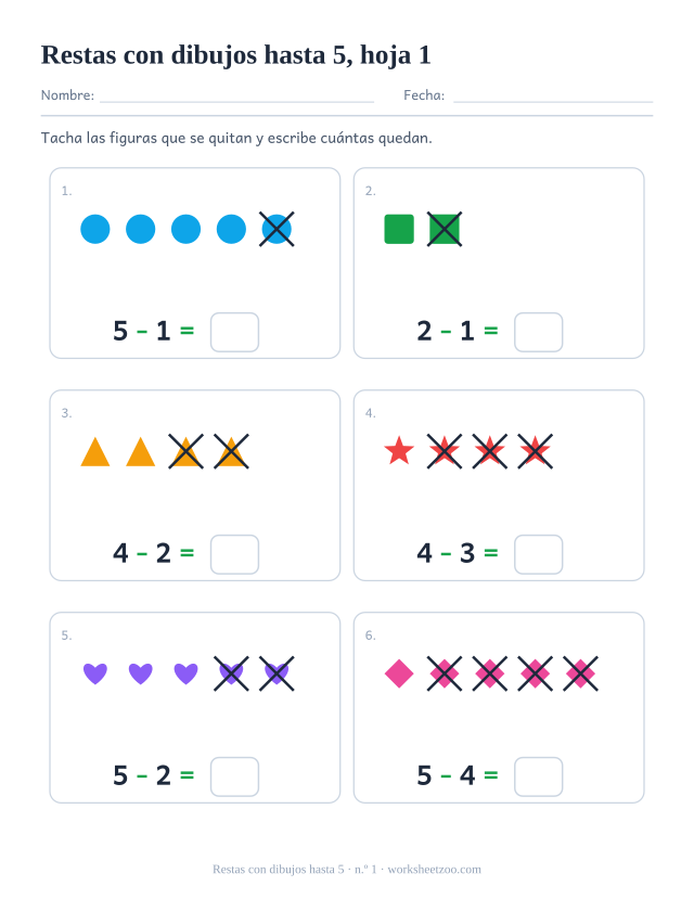 Ficha de restas con dibujos para preescolar: tacha y quita de grupos de 2 a 5, cuenta cuántas quedan, hoja 1