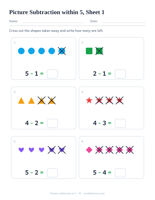 Kindergarten picture subtraction worksheet, cross out and take away from groups of 2 to 5, count how many are left, sheet 1