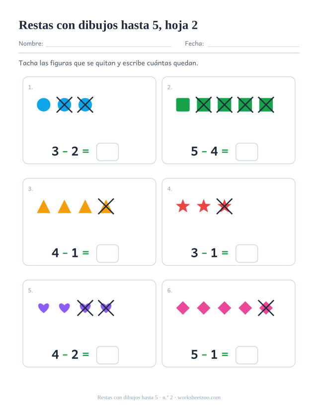 Ficha de restas con dibujos para preescolar: tacha y quita de grupos de 3 a 5, cuenta cuántas quedan, hoja 2