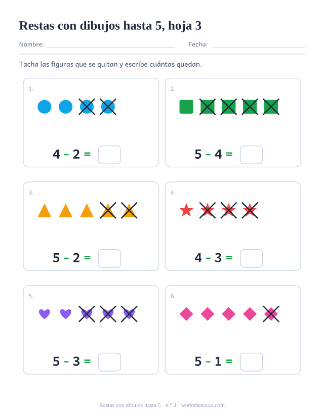 Ficha de restas con dibujos para preescolar: tacha y quita de grupos de 4 a 5, cuenta cuántas quedan, hoja 3