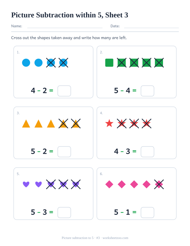 Kindergarten picture subtraction worksheet, cross out and take away from groups of 4 to 5, count how many are left, sheet 3
