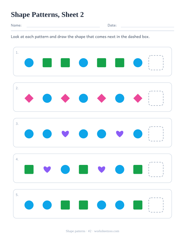 Kindergarten patterns worksheet, more AB and ABC shape patterns to continue by drawing what comes next, sheet 2