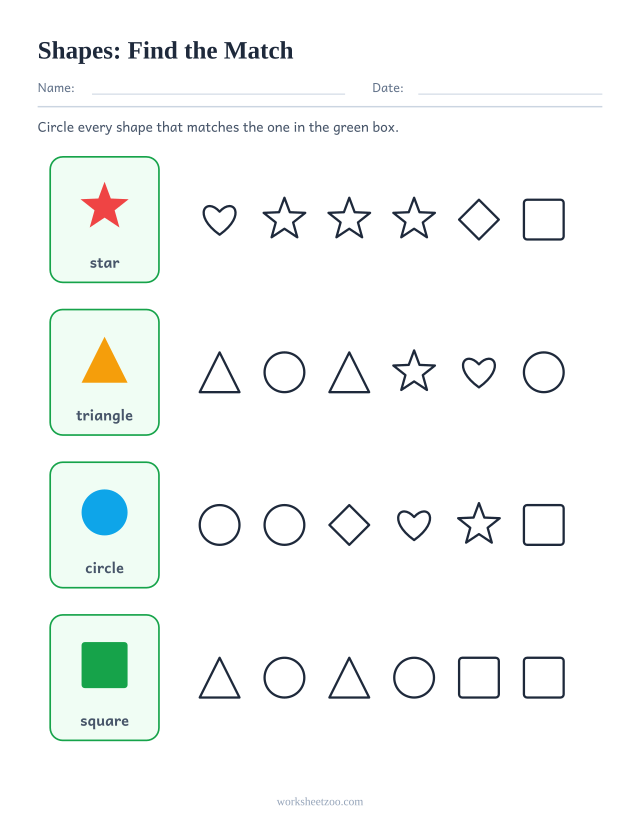 Kindergarten shapes worksheet, circle every outline shape that matches the named colored example in the green box